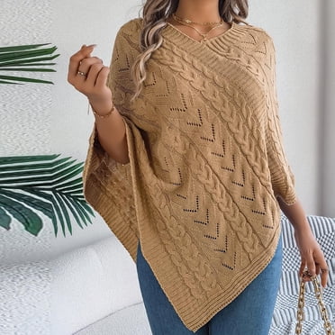 EGNMCR V-Neck Sweater Women's Casual Solid Color Dough Twists Loose Cloak Sweater Coat Top Women Polyester Blouse