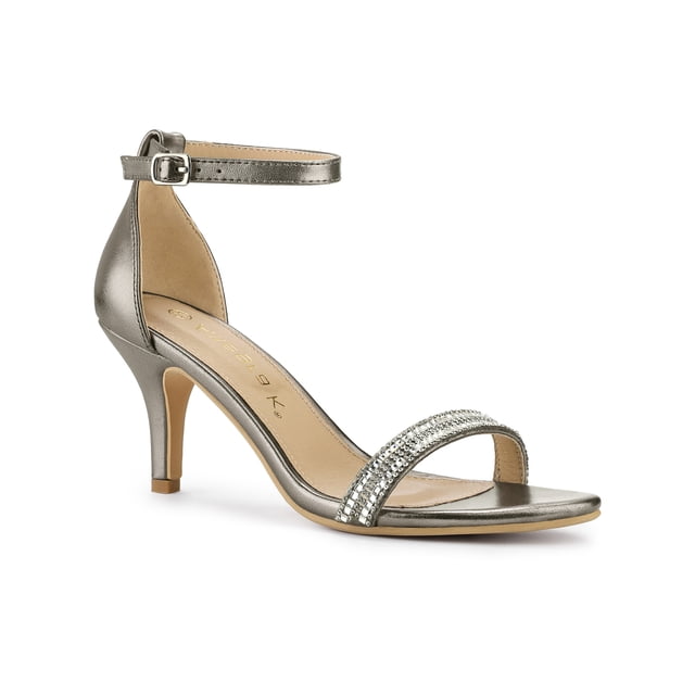 BLISSFUL STEP Women's Solid Color Open Toe Rhines Ankle Strap Stiletto Sandals in gunmetal, size 10. Designed with a PU vamp, rubber outsole, and ABS stiletto heel. Features an ankle strap and rhinestone-decorated toe strap for a sophisticated look, ideal for women's heels, party shoes, weddings, proms, and special occasions.