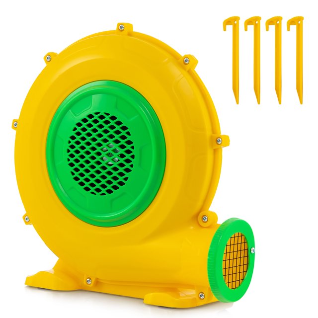 Gymax 480W 0.6 HP Electric Blower in yellow with green accents, designed for inflating water slides, bounce houses, and other inflatables. Features a high-performance motor with 1920 pa wind pressure and 760 m3/h airflow. Includes safety features like overload protection, flame-retardant material, and a waterproof switch. Comes with four yellow ground stakes for secure setup and a 13 ft power cord for extended reach.