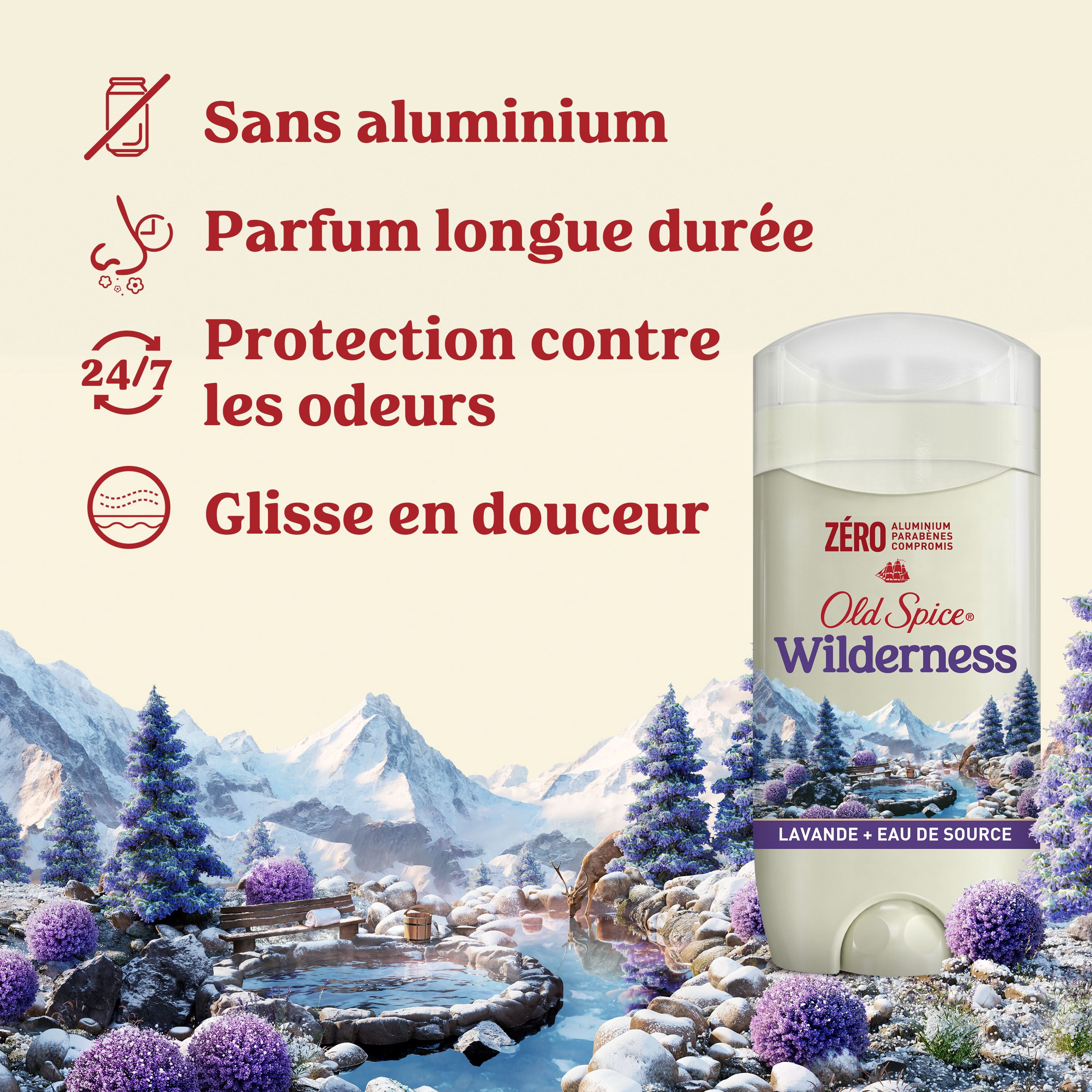 Désodorisant Old Spice pour hommes au parfum Wilderness, fraîcheur longue durée 24 heures sur 24, 7 jours sur 7, sans aluminium