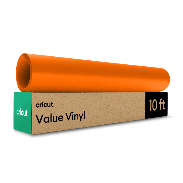 Cricut® Value Vinyl 12 in x 10 ft orange roll with matte finish resting on its cardboard packaging labeled with Cricut branding, designed for arts and crafts vinyl cutting and personalized decal projects.