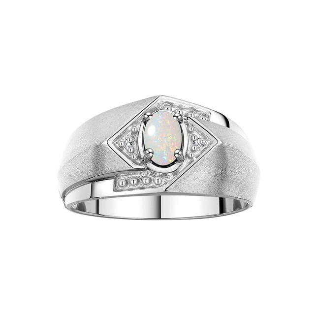 RYLOS Mens Rings Sterling Silver Ring 6X4MM Oval Shape Gemstone & Diamond Ring Opal October Birthstone Rings For Man Silver Rings, Size 10