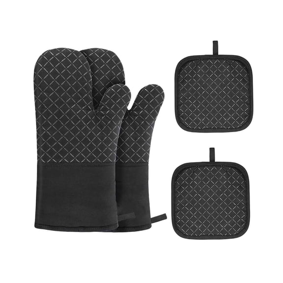 WLOELOEW Black Checkered 4 Piece Oven Mitts And Pot Holders Set Heat Resistant Up To 500°F Long Silicone Gripping Gloves For Baking Cooking Black