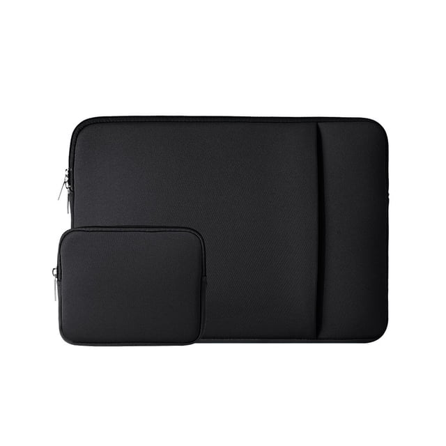 RAINYEAR 14 Inch Laptop Sleeve Case in black, featuring a soft padded design with a zippered closure. Includes a front pocket for accessories like chargers, cables, and pens, and a separate small sleeve for power chargers and a mouse. Compatible with 14-inch laptops, tablets, and Chromebooks. Made with a polyester outer layer and padded EPE inner layer for protection against dust, scratches, and minor impacts.
