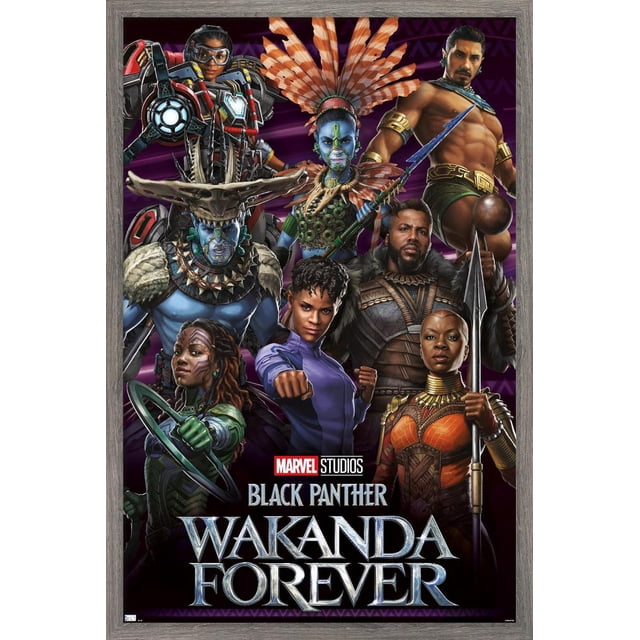 Marvel Black Panther : Wakanda Forever - Affiche Murale de Groupe Présentant Plusieurs Personnages en Armure Détaillée, Tenue Tribale et Armes sur un Fond Géométrique Violet Foncé, avec le logo des Studios Marvel et le Titre du Film au Bas, Imprimée sur Papier Lustré et Encadrée en Bois Rustique.