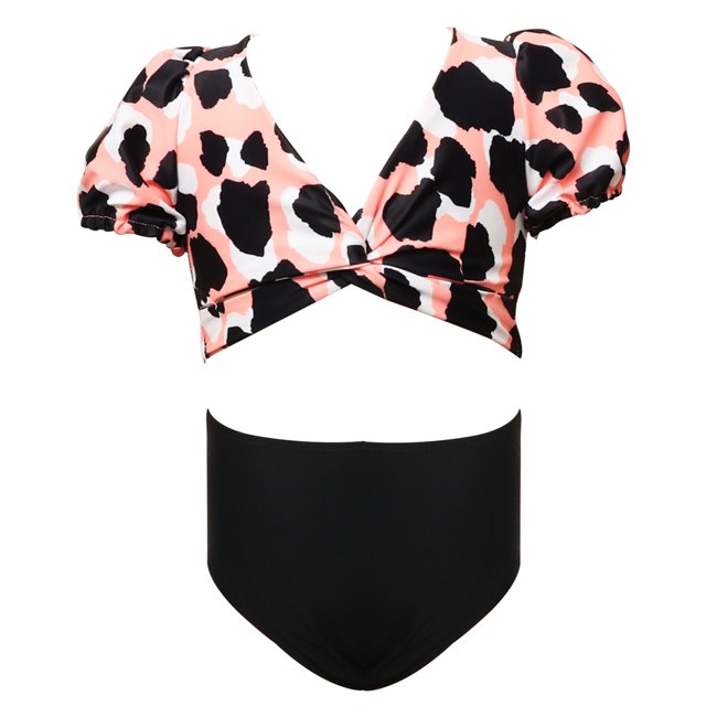 Girls Swimsuits Set Nylon Puff Sleeve Leopard Print Bathing Suit Kids Swimwear. This two-piece set features a multicolour leopard print top with puff sleeves and a wrap-style design, paired with high-waisted black bottoms. Made of durable nylon, it is soft, quick-drying, and machine washable. Suitable for kids aged 5-12 years, with sizes ranging from S to XL. Ideal for summer vacations, beachwear, or spa days.