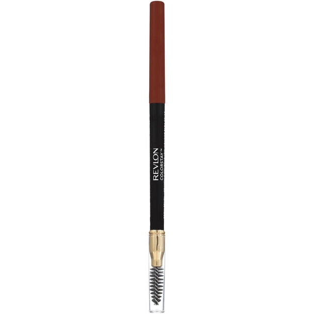 Revlon ColorStay Waterproof Longwearing Eyebrow Pencil with retractable angled tip and dual-ended spoolie brush, featuring a brown cap and black barrel, ideal for precise, long-lasting brow shaping and grooming.