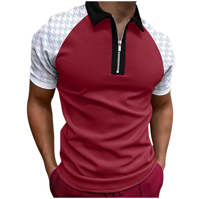 EGNMCR T Shirts for Man Men Casual Solid Turndown Pullover Patchwork Zipper Short Sleeve Blouse Gifts for Men