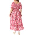 thumbnail image 3 of GRACE & GRANDEUR Robe Maxi Bohème à Fleurs pour Femme Grande Taille, Manches Courtes, Encolure Carrée, Smockée, 4X, Rose Vif, 3 of 6