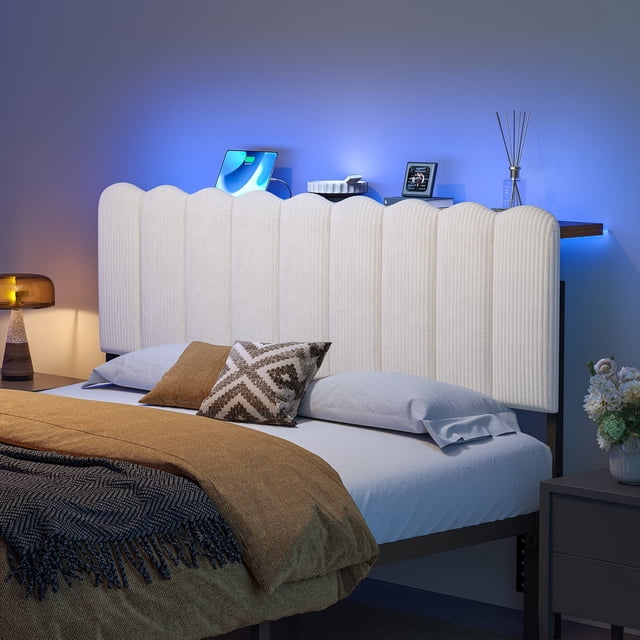 Pinmoco Tête de Lit Rembourrée Grand Lit avec Tablette de Rangement, Station de Recharge Type-C et USB, Velours Rayé Beige Moderne, Lumières DEL, Tête de Lit Seulement