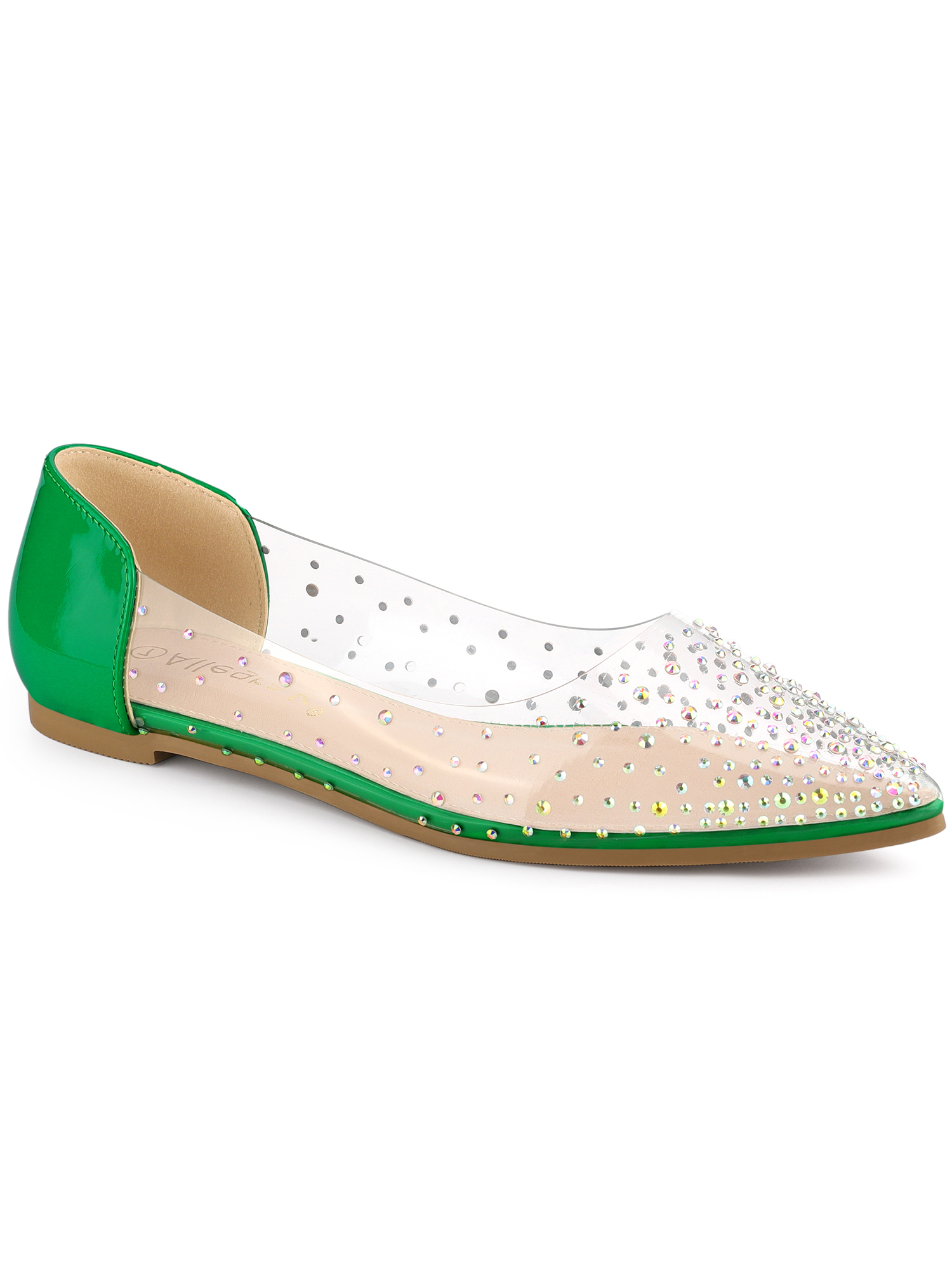 BLISSFUL STEP Ballerines pour Femmes à Bout Pointu en Strass Transparents Vert (Taille 7,5)