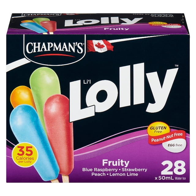 Chapman's Low Calorie Fruity Li'l Lolly box containing 28 multicolour water ice pops in blue raspberry, strawberry, peach, and lemon lime flavours, each 50mL and 35 calories, gluten, peanut, and egg free, suitable for a refreshing low-calorie frozen snack.