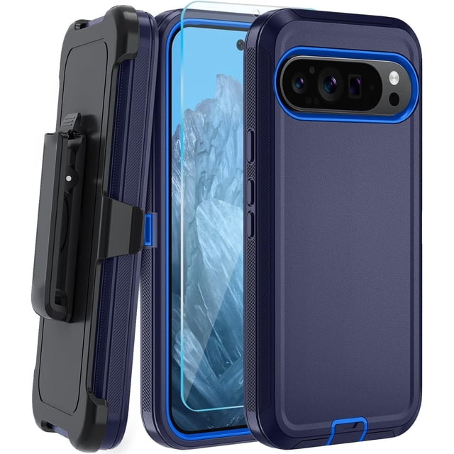KOMI for Google Pixel 8 Case, with HD Tempered Glass Screen Protector, Heavy Duty Shockproof Drop Protective Rugged Tough Durable Phone Cover with Belt Clip-Dark Blue