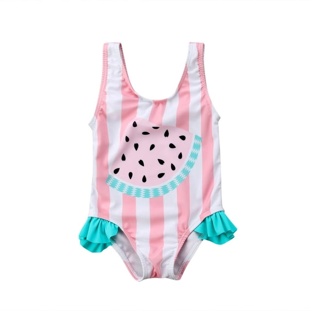 MesaSe Baby Girls Sleeveless One-piece Swimsuit with pink and white stripes, a watermelon print, and ruffle accents. Made from soft, quick-drying cotton blend material, this swimwear is ideal for baby girls aged 0-3 years for swimming, beach outings, and pool parties.
