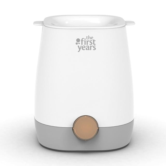 Simple Serve Fast Baby Bottle Warmer and Sanitizer centered front-facing view of a compact cylindrical warmer with lid; quickly warms breast milk, formula and baby food jars, also sanitizes pacifiers and bottle nipples, automatic shut-off with ready beep, fits wide and narrow neck bottles for countertop or travel use.