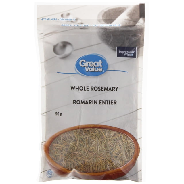 Great Value Whole Rosemary in a resealable 50-gram bag containing dried rosemary leaves, featuring the brand logo and Ingredient Wise symbol, suitable for seasoning meats, vegetables, and baked goods in pantry food.