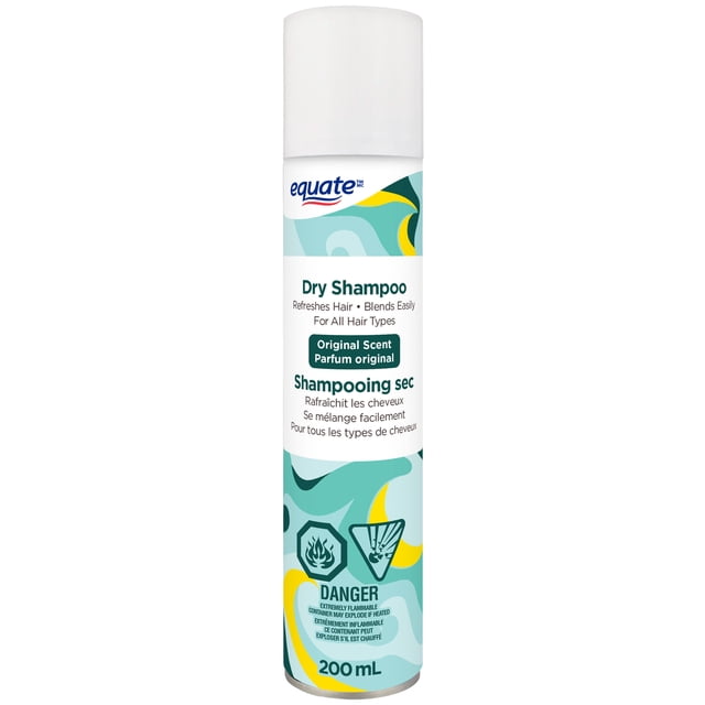 Equate Original Scent Dry Shampoo 200 mL spray can with white cap and teal, yellow, and green abstract label, designed to refresh hair and absorb oils for all hair types, featuring flammable hazard symbols and bilingual English-French text.