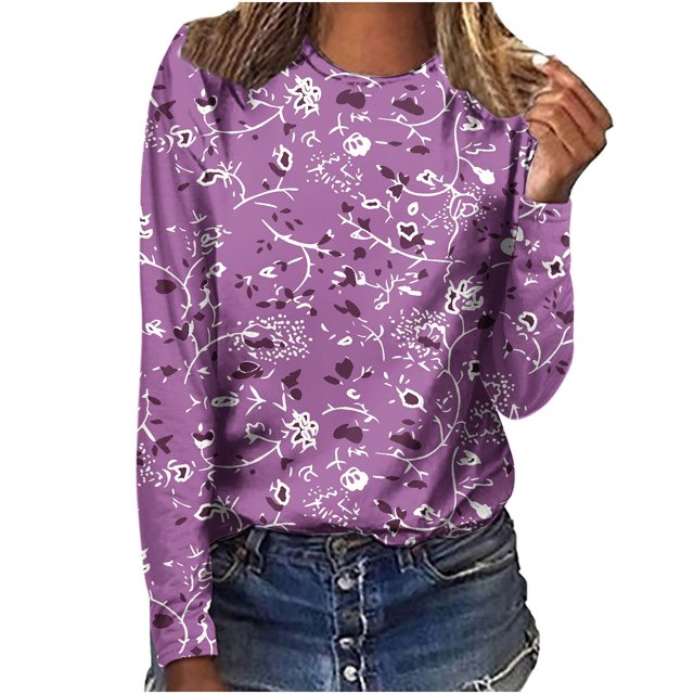 Pompotops Femmes Dames Col Rond Hauts Amples Décontractés T-Shirts Imprimés Blouse à Manches Longues en Solde