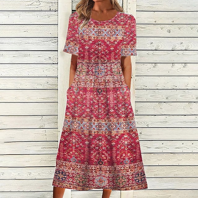 YUNAFT Robes pour Femmes Liquidation Robes d'Été Décontractées pour Femmes Col Rond Manches Courtes Fermeture Éclair Pliantes à Imprimé Floral Soldes