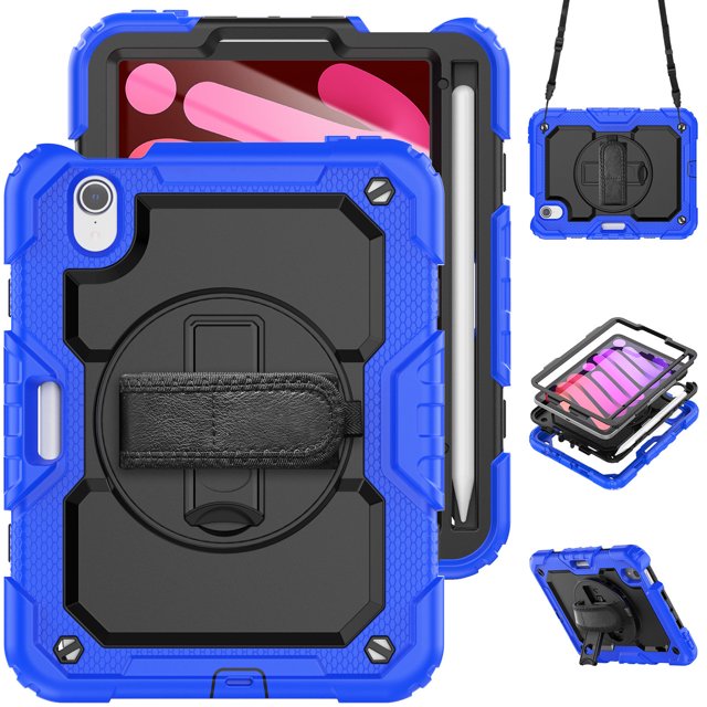 Case for iPad Mini 7 A17 Pro 2024/Mini 6 2021 8.3 Inch 7th/6th Gen with Screen Protector, 360 Degree Rotating Kickstand Hand Strap Shockproof Cover with Shoulder Strap, Blue