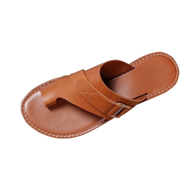 Slide Sandals for Women Flat Toe Ring Buckle Decor Leather Non Slip Beach Summer Sandals Brown