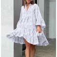 thumbnail image 4 of Jienlioq Robe Femme Liquidation Mode Femme Col en V Uni Broderie Patchwork Dentelle Bouton Robe Manches Longues, 4 of 7