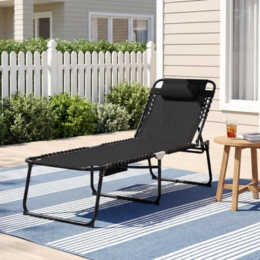 Gymax Folding Beach Lounger Chaise Lounge Chair w/ Pillow 4-Level Backrest Black