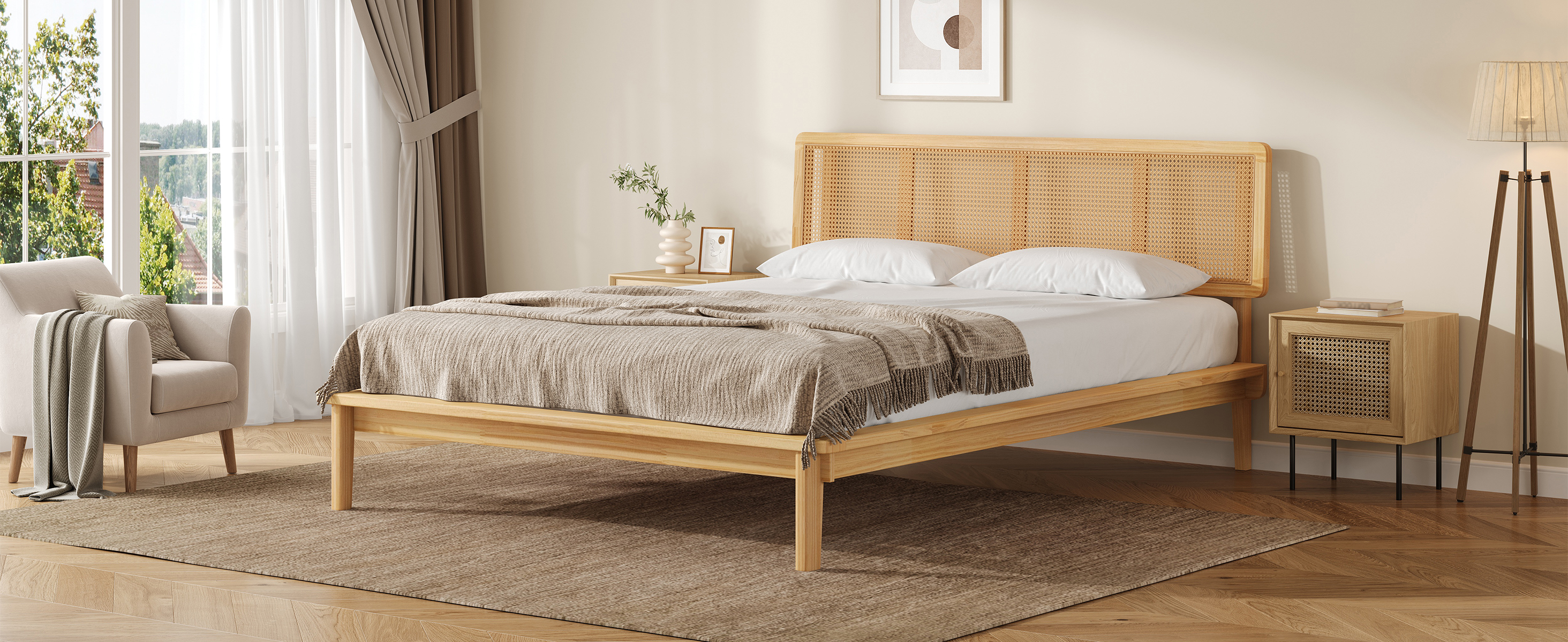 Noble House Modern Rattan Platform Bed,Cane Headboard & Footboard with Natural Woven Panels,Mid-Century Bed Frame,Walnut
