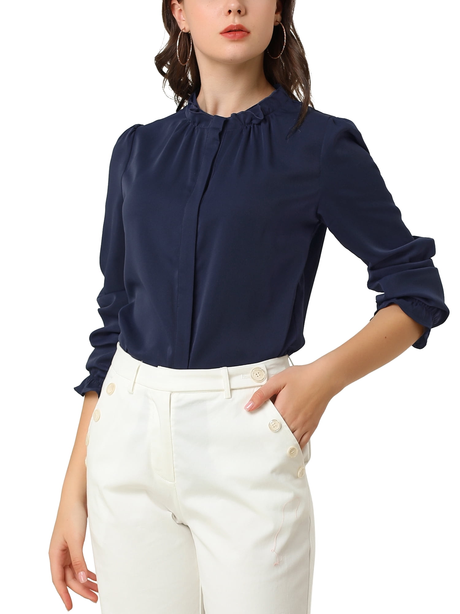 INSPIRE CHIC Women's Ruffled Trim Button Down Stand Collar Long Sleeve Blouse Top Navy Blue XS