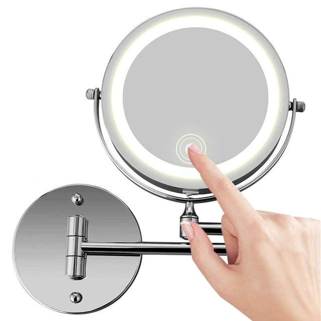 Wall Mount Makeup Mirror, 10X Magnifying Two Side LED Lighted Vanity Mirror for Bathroom with a 7-inch diameter, chrome finish, and 360° rotatable design. Features a touch-sensitive LED light, USB rechargeable functionality, and an extendable arm up to 30 cm. Includes mounting hardware and USB cable.