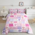 thumbnail image 2 of Pink Patchwork Toddler Size Comforter Set 2-Piece, Girls Pink Bowknot Bedding Set Cute Ballet Shoes Pattern Bedding Comforter Sets, Princess Style Plaid Down Comforter, Pink Purple, 2 of 7