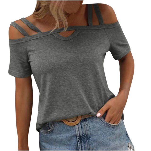 T-shirts pour Femmes Mode Mode pour Femmes Décontracté Couleur Unie T-Shirt à Col à Bretelles Haut Manches 1/2 Hauts pour Femmes