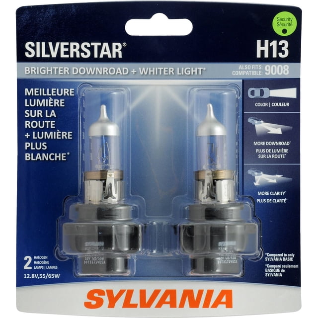 SYLVANIA H13 SilverStar halogen headlights pack containing two clear halogen bulbs with metal bases in blue and white packaging, designed for automotive exterior car lighting, providing brighter downroad and whiter light for improved night driving clarity and compatible with 9008 bulbs.