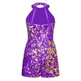 thumbnail image 2 of Yanarno Combinaison Short de Danse pour Filles, Col Licou, Paillettes, Fête de Noël, Rumba Samba, Violet, 8, 2 of 5