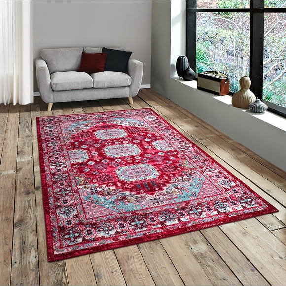 A2Z Amsterdam 167 Rug Red Abstract Oriental Geometric Colorful Brushed Pattern Modern Contemporary Runner Kitchen Area Rug Tapis Carpet (3x5 4x6 5x7 5x8 7x9 8x10)