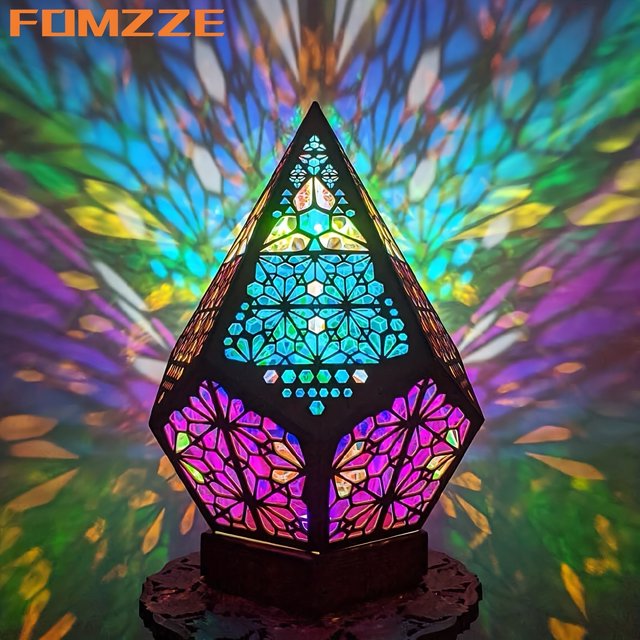 Wooden Bohemian Floor Lamp, USB Charging Hollow Geometric Colorful Lamp Retro
