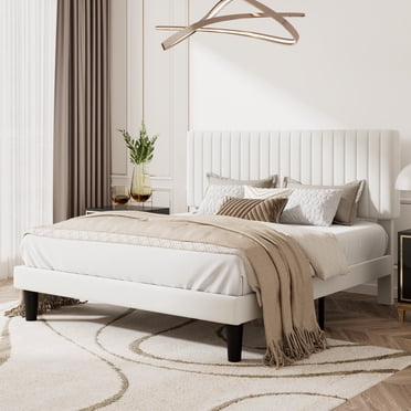 Amolife Full Size Upholstered Platform Bed Frame with Adjustable Velvet Headboard, Off-White