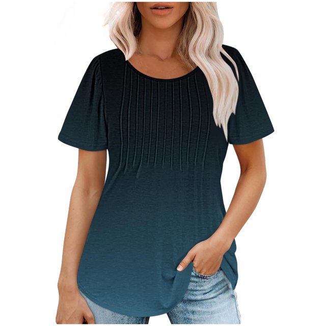 Plebaso Hauts pour Femmes Été Manches Courtes Col Rond Tunique Chic Ample Mode Blouses à Dégradé de Couleurs