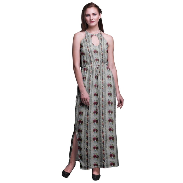 Bimba Floral Ladies Crew Neck Waist String Print Maxi Dress with Side Slits Summer Wear-X-Large