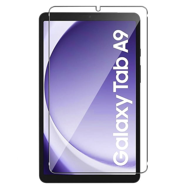 Samsung Tablet Tab A11 / A9 8.7" X110 / X133 screen protector made of premium tempered glass. The screen protector is case-friendly and designed to cover the flat portion of the screen, avoiding issues with rounded edges. Features include 9H surface hardness for scratch resistance, anti-shatter film for safety, and an oleophobic coating to prevent fingerprints and stains. The ultra-thin 0.3mm glass ensures a smooth touch experience. Shown applied to a Galaxy Tab A9 tablet with a clear fit.