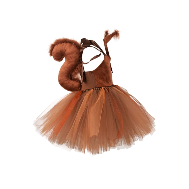 Diconna Noël Enfant Fille Squirrel Costume, Robe Sans Manches en Tulle Patchwork + Bandeau + Queue Vêtements de Cosplay