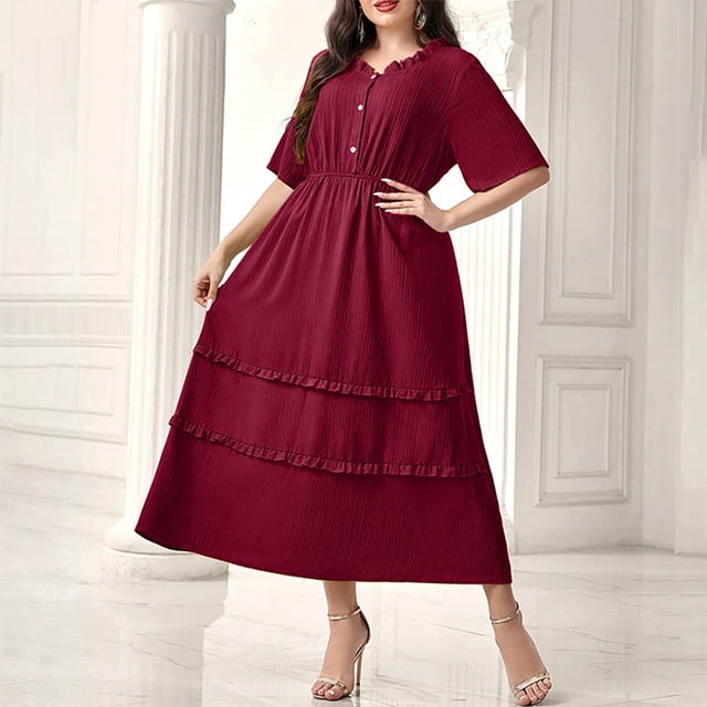 Ovzne Robes pour Femmes Robe de Plage Mode Grande Taille pour Femmes Couleur Unie Col Rond Manches Courtes Taille à Boucle Robe en Dentelle Robe de Vacances Manches Courtes Liquidation