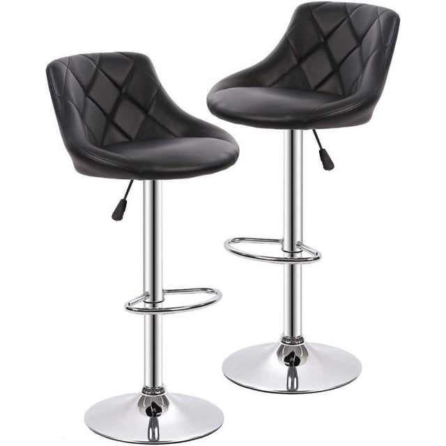 BestOffice Set of 2 Adjustable Swivel Bar Stools in black PU leather with ergonomic backrests and footrests. These counter-height chairs feature a 360° swivel seat, SGS-certified gas lift for height adjustment from 24.8 to 32.7 inches, and a chrome base with a non-slip rubber ring to protect floors. Designed for kitchen islands and dining areas, the stools include soft foam cushions and a modern quilted pattern. Easy to assemble with included instructions.