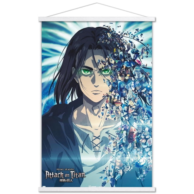 Attack on Titan : la Saison Finale - Affiche Murale de Fragments Représentant un Personnage d'Anime Centré avec de Longs Cheveux Noirs Portant une Chemise Blanche en Dentelle et une Veste Foncée, Dont le Côté Droit Se Dissout en de Nombreux Petits Fragments Montrant des Scènes et des Personnages de la Série, sur un Fond Bleu et Blanc Radieux, Convient à la Déco Maison et aux fans d'Anime.