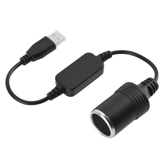 Herwey USB Port to 12V Car Cigarette Lighter Socket Converter in black PVC material. Features a USB input of 5V, 2A and a cigarette lighter output of 12V, 8W. Ideal for auto electronics accessories like driving recorders, car chargers, and other automotive devices. Compact and lightweight at 52g, suitable for use with power banks.