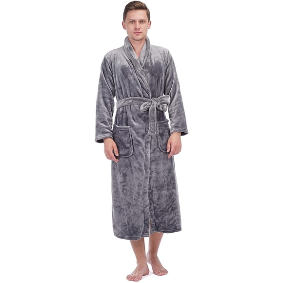 Men'S Flannel Fleece Plush Full Length Loungewear Shawl Housecoat Bathrobe