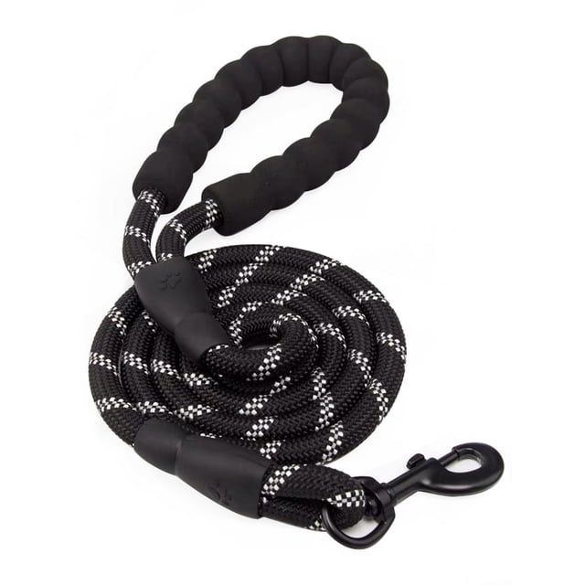 6.5FT dog leash with a comfortable padded handle and highly reflective threads, designed for medium and large dogs. Made from durable 1/2 inch diameter nylon rope with a high-density anti-bite layer and a heavy-duty zinc alloy clip featuring a 360-degree swivel design. The leash is black with reflective stitching for night safety and includes a soft EVA foam handle for a secure and comfortable grip. Suitable for walking, jogging, running, or training.