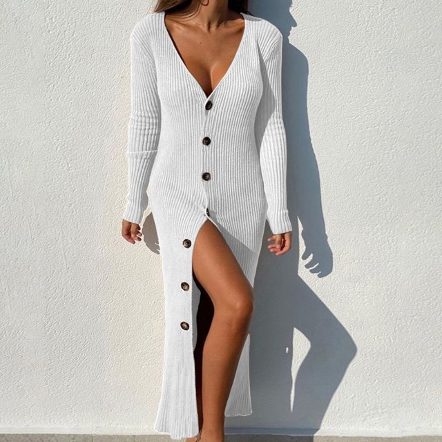 Womens Deep V Neck Button Down Long Knit Sweater Dress Bodycon Long Sleeves Sweater Maxi Dress