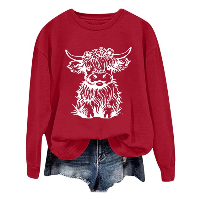 WEAIXIMIUNG Chandail pour Femmes Chic Chandail d'Automne et d'Hiver pour Femmes 2025 Col Rond Mode Chemise à Imprimé Vache Manches Longues Mode Décontractée Mode Haut de Sortie