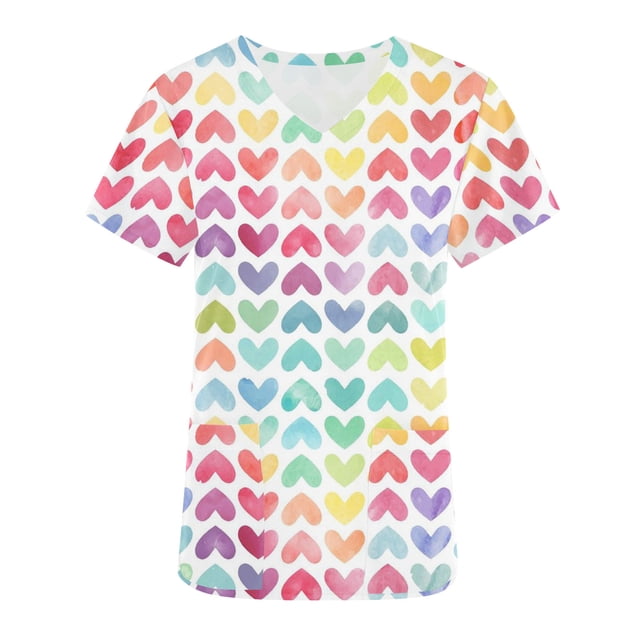 TIMIFIS Valentine's Day Women Scrub Tops Short Sleeve V-neck Tops Working Uniform Valentine's Day Print With Pocket Blouse with Pockets-Multicolor - Spring